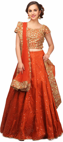 707552 Orange  color family Bridal Lehenga,Mehendi & Sangeet Lehenga in Crepe Silk,Net,Raw Dupion Silk fabric with Sequence,Zari work .