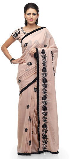 Pink and Majenta color Saree in Faux Georgette fabric with Embroidered, Thread work