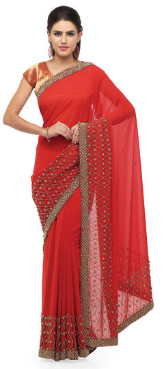 Red and Maroon color Saree in Faux Georgette fabric with Moti work