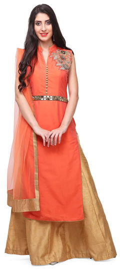 Gold, Orange color Long Lehenga Choli in Raw Dupion Silk fabric with Mirror, Patch work