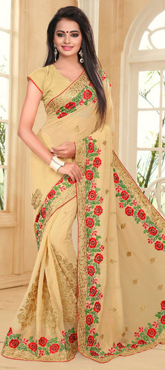 Beige and Brown color Saree in Georgette fabric with Border, Embroidered, Resham, Thread, Zari work