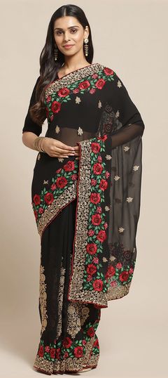 Black and Grey color Saree in Georgette fabric with Border, Embroidered, Resham, Thread, Zari work