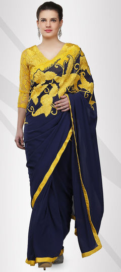 Blue color Saree in Faux Georgette fabric with Embroidered, Lace, Resham, Thread work