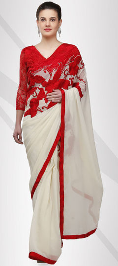 725446: Party Wear White and Off White color Saree in Faux Georgette fabric with Embroidered, Lace, Resham, Thread work