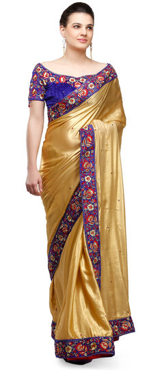 Gold color Saree in Faux Georgette fabric with Border, Stone work