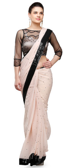 White and Off White color Saree in Faux Chiffon fabric with Sequence, Stone work