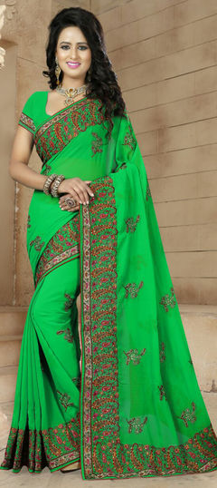 Green color Saree in Faux Georgette fabric with Border, Embroidered, Resham, Stone, Thread work
