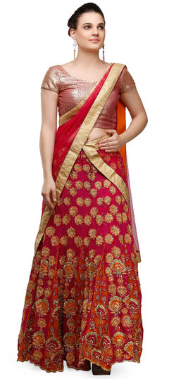 Orange, Pink and Majenta color Lehenga in Georgette fabric with Embroidered, Resham, Stone, Thread work