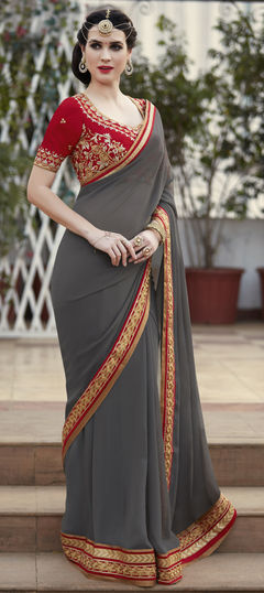 Black and Grey color Saree in Faux Georgette fabric with Embroidered, Lace, Thread, Zari work