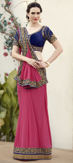 Pink and Majenta color Saree in Faux Georgette fabric with Embroidered, Lace, Stone, Thread, Zari work