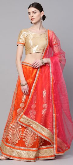 Orange color Lehenga in Net fabric with Border, Embroidered, Stone, Thread, Zari work