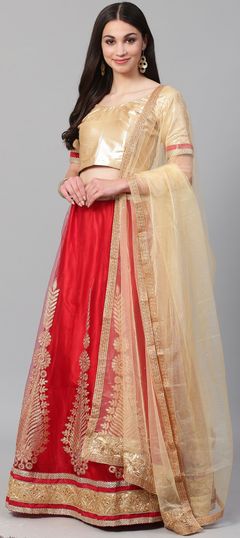 Red and Maroon color Lehenga in Net fabric with Border, Embroidered, Stone, Thread, Zari work