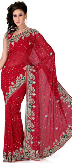 Red and Maroon color Saree in Georgette fabric with Embroidered, Stone, Thread work