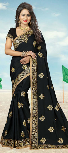 Black and Grey color Saree in Georgette fabric with Embroidered, Thread, Zari work