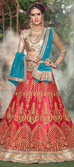 Pink and Majenta color Lehenga in Net fabric with Border, Embroidered, Mirror, Stone, Thread, Zari work