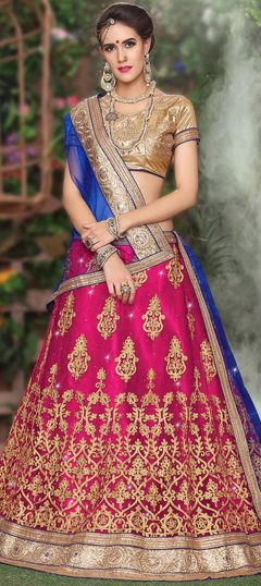 Mehendi Sangeet, Party Wear Pink and Majenta color Lehenga in Net fabric with Border, Embroidered, Mirror, Stone, Thread, Zari work : 749900