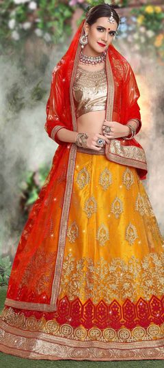 Gold color Lehenga in Net fabric with Border, Embroidered, Mirror, Resham, Stone, Thread, Zari work