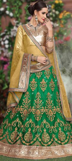 Mehendi Sangeet, Party Wear Green color Lehenga in Net fabric with Border, Embroidered, Mirror, Stone, Thread, Zari work : 749903