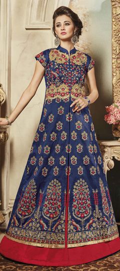 Mehendi Sangeet, Party Wear Blue color Lehenga in Raw Dupion Silk, Silk fabric with Embroidered, Thread work : 753703