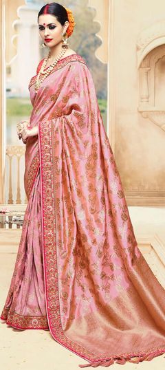 Party Wear Pink and Majenta color Saree in Banarasi Silk, Silk fabric with Embroidered, Thread work : 758091