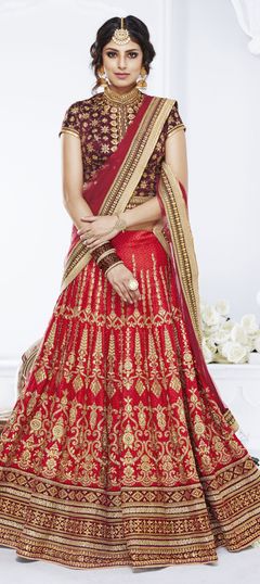 765623 Red and Maroon  color family Bridal Lehenga in Art Silk fabric with Machine Embroidery, Zardozi, Zircon work .