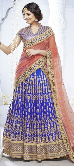 765626 Blue  color family Bridal Lehenga in Bhagalpuri Silk fabric with Machine Embroidery, Stone, Thread, Zari, Zircon work .