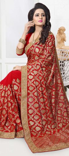 Red and Maroon color Saree in Georgette fabric with Border, Embroidered, Stone, Thread, Zari work