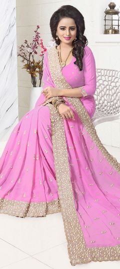 Pink and Majenta color Saree in Georgette fabric with Moti, Stone, Thread, Zari work