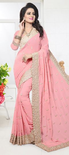 Pink and Majenta color Saree in Georgette fabric with Moti, Stone, Thread, Zari work