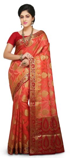 Pink and Majenta color Saree in Banarasi Silk, Silk fabric with Thread work