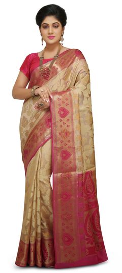 Beige and Brown color Saree in Banarasi Silk, Silk fabric with Thread work