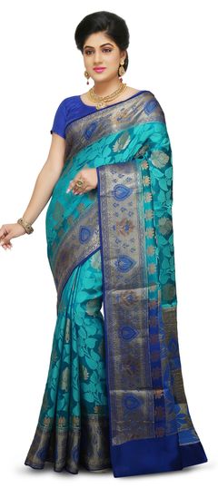 Blue color Saree in Banarasi Silk fabric with Thread work