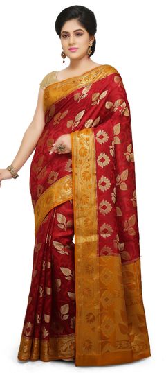 Red and Maroon color Saree in Banarasi Silk fabric with Thread work