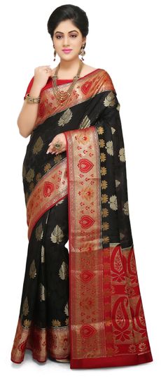 Black and Grey color Saree in Banarasi Silk fabric with Thread work