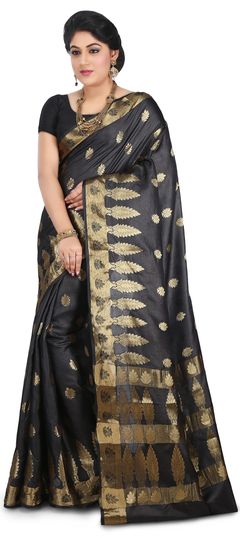 Black and Grey color Saree in Banarasi Silk fabric with Zari work