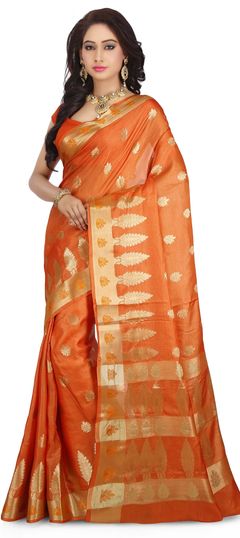 Orange color Saree in Banarasi Silk, Silk fabric with Zari work