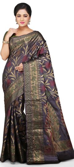 Black and Grey color Saree in Banarasi Silk, Silk fabric with Thread work