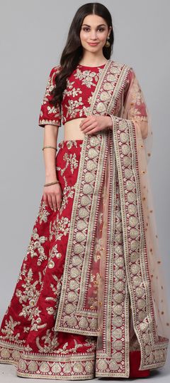 Red and Maroon color Lehenga in Bangalore Silk, Silk fabric with Sequence, Thread, Zari work