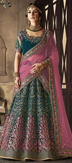 Bridal Green color Lehenga in Velvet fabric with Embroidered, Resham, Stone, Thread, Zari work : 772761