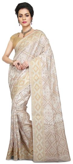 Beige and Brown color Saree in Banarasi Silk, Silk fabric with Thread work