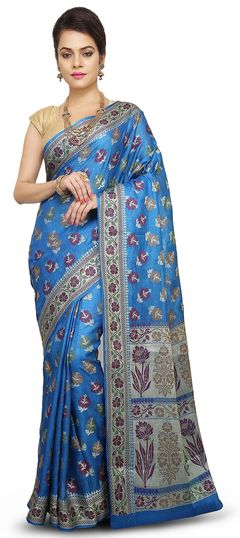 Blue color Saree in Banarasi Silk fabric with Thread work