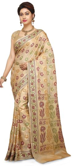 Gold color Saree in Banarasi Silk, Silk fabric with Thread work