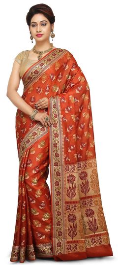 Orange color Saree in Banarasi Silk, Silk fabric with Thread work