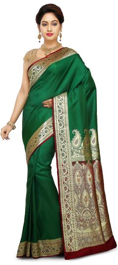 Green color Saree in Banarasi Silk, Silk fabric with Thread work