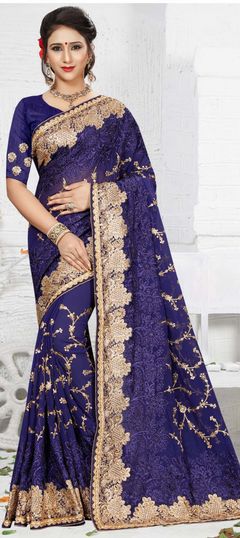 775315 Blue  color family Bridal Wedding Sarees in Georgette fabric with Machine Embroidery, Resham, Stone, Thread, Zari work   with matching unstitched blouse.