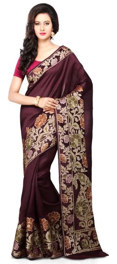 Red and Maroon color Saree in Banarasi Silk, Silk fabric with Thread work