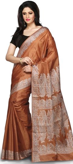 Beige and Brown color Saree in Banarasi Silk, Silk fabric with Thread work