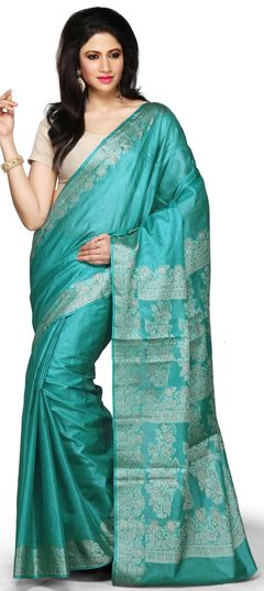 Blue color Saree in Banarasi Silk, Silk fabric with Thread work