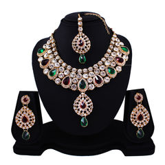 Gold Rodium Polish Green, Red and Maroon color Necklace in Metal Alloy studded with Austrian diamond, Cubic Zirconia