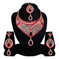 Gold Rodium Polish Pink and Majenta color Necklace in Metal Alloy studded with Austrian diamond, Beads